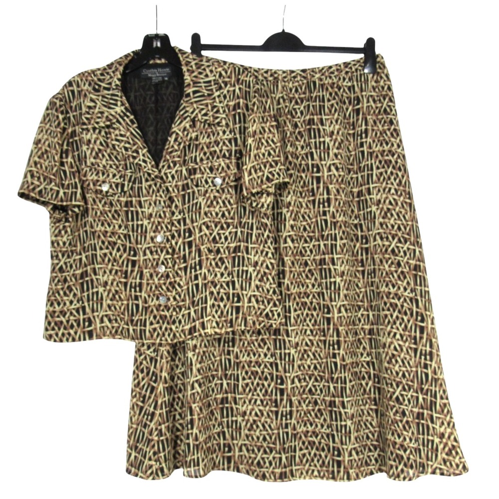 Vtg CYNTHIA HOWIE For Maggy Brown/Black BAMBOO Print Crepe Shirt/Skirt Outfit 14
